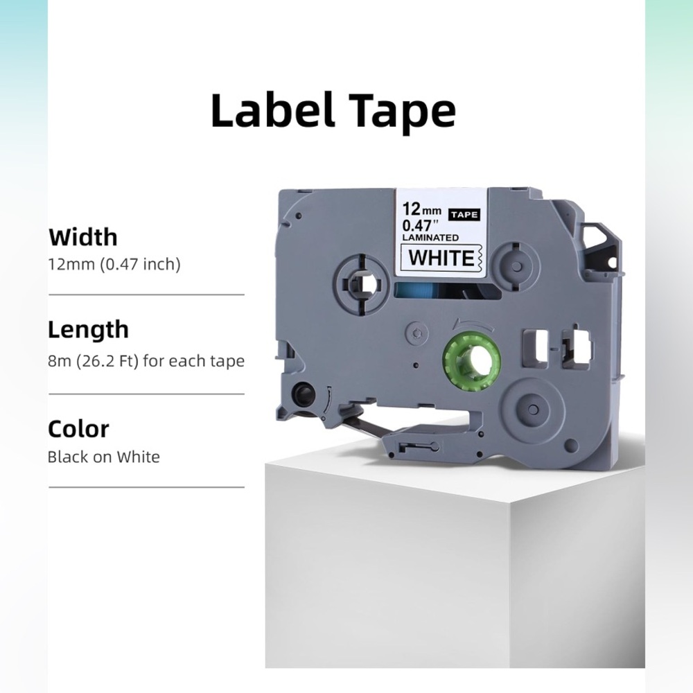 Label Tape, Tape 12mm 0.47 Laminated Black on White Tape. | 5COUNT